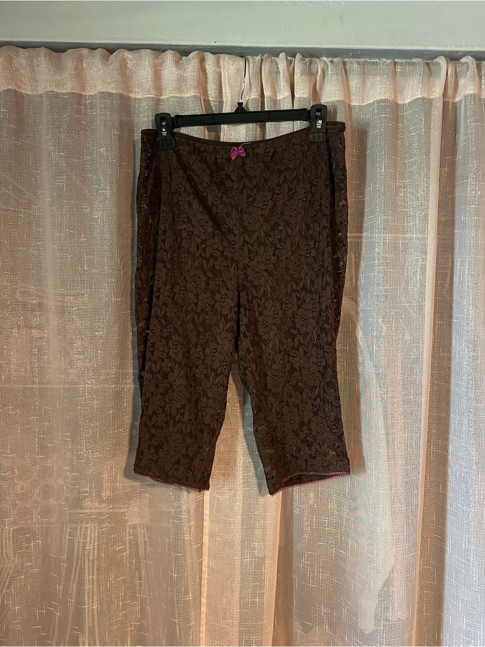 Free People Brown Lace-Pattern Capri Pants with Pink Trim